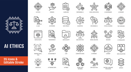 Plakat Ai ethics icons set. Icons related to fairness, transparency, guidelines, artificial intelligence, explainable AI, and more. Outline icon with Editable stroke. Vector illustration