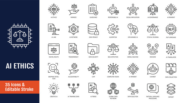 Ai ethics icons set. Icons related to fairness, transparency, guidelines, artificial intelligence, explainable AI, and more. Outline icon with Editable stroke. Vector illustration