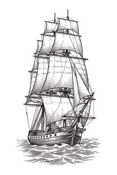 classic tall sailing ship on the ocean waves engraving vector illustration