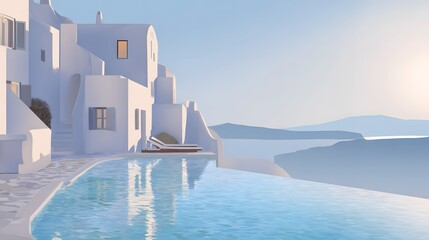 Fototapeta premium Serene Santorini villa luxury summer escape Mediterranean view pool reflections elegant design illustration