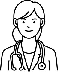 Obraz premium Hand Drawn Female Doctor Black and White Avatar Illustration in Minimal Line Art Style Design