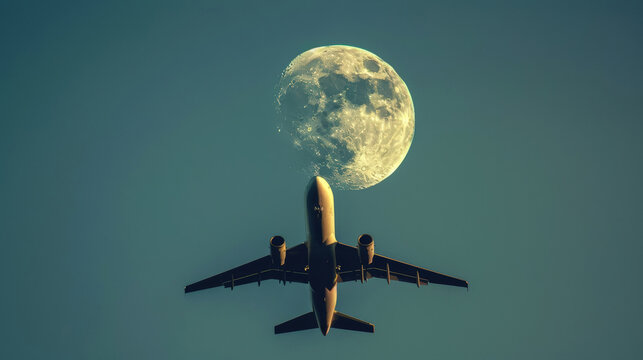 Large passenger plane flies in cloudless blue sky against the backdrop of pale daytime moon.