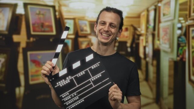 Man with long hair holding a clapperboard in an art gallery building, tilting head and smiling while raising the clapper; playful creativity.
