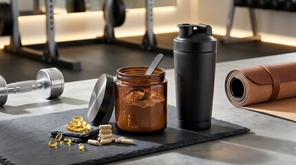 Fitness supplements and equipment laid out on a slate board in a gym setting