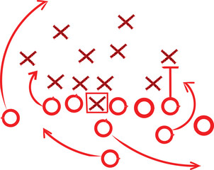 Intricate red diagram illustrates a complex American football offensive play showing player positions, movement paths, strategic formations, and tactical arrows for coaching.
