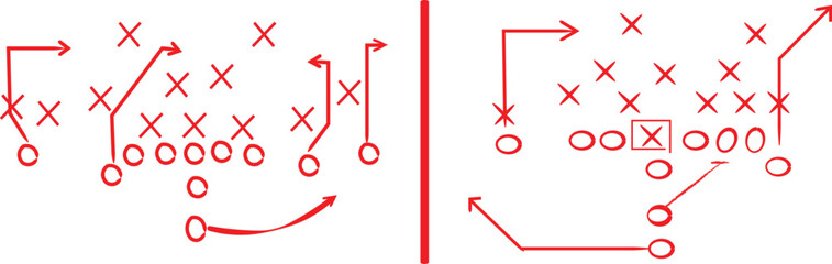Detailed red line football play diagrams illustrating offensive and defensive strategies on a clean white background for coaching.