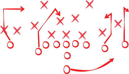 Hand drawn red diagram illustrates a complex American football offensive play strategy using circles and x marks symbols.