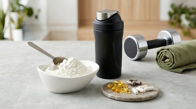 Fitness supplements and dumbbells in a modern gym setting, ready for a workout