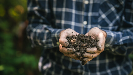 Close-up of dirty hands holding rich soil outdoors, person in plaid shirt, shallow depth of field,...