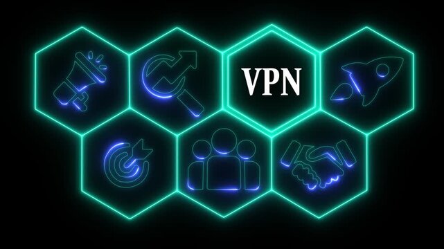 Glowing neon line VPN business concept from a display of white hexagon shapes and symbols with a blue tint. abstract technology background with rotating world map icon