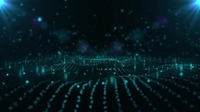 Beautiful Wave Particles light abstract technology background shining glittering particle floor stars dust flare. Luxurious cyan sparkling bokeh. Award ceremony, stage. 3D Illustration