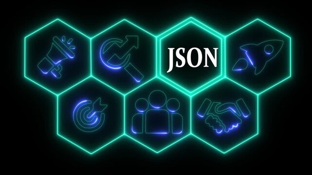 Glowing neon line JSON business concept from a display of white hexagon shapes and symbols with a blue tint. abstract technology background with rotating world map icon