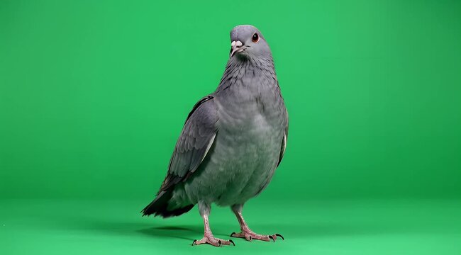 Common city pigeon standing on a vivid green studio backdrop with natural feather details.