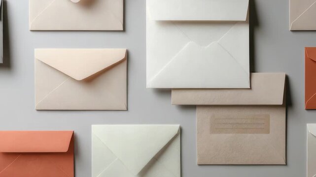 A stylish flat lay composition of various colored envelopes arranged neatly on a light background. Modern stationery trends and minimalistic design elements are highlighted in this creative setup