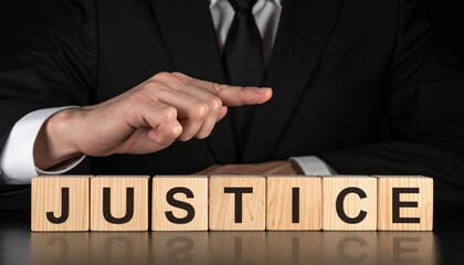 Obraz premium Businessman Pointing to Wooden Blocks Spelling Justice for Legal and Ethical Concept The businessman pointing toward the word 