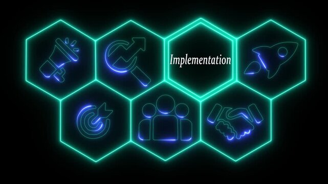 Business implementation concept animated on abstract technology background . Business, Technology, Internet and networking concept.