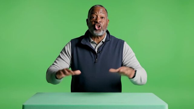 Man gesturing with confusion and frustration at table