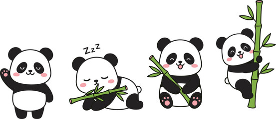 Cute panda characters set, cartoon baby panda eating bamboo sleeping climbing waving adorable animal vector illustration collection © Tohidul