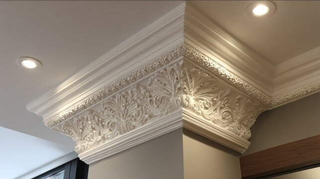 Elaborate white decorative cornice molding adorns the intersection of the wall and ceiling.