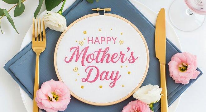 Happy mothers day celebration table setting with flowers and embroidery