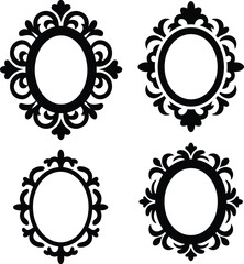 Black Vintage Oval Picture Frame Silhouette Set, Ornate Victorian Border Design Elements, Decorative Antique Mirror Frames Isolated on White Background