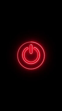 Minimalist neon power button icon on black background, glowing red circular symbol neon line animation. Power button for social media concept .