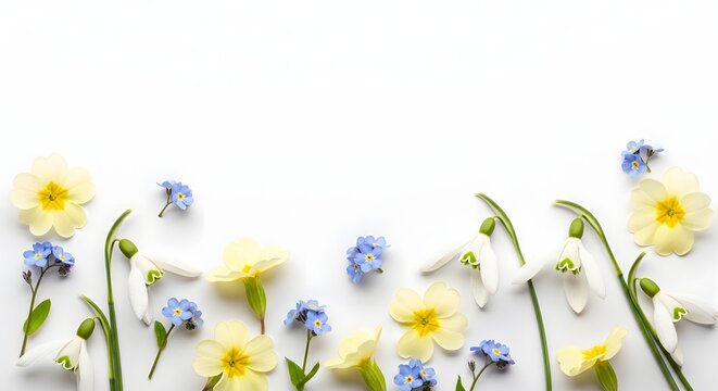 Delicate spring flowers including primroses, snowdrops, and forget-me-nots arranged on a clean white background, creating a fresh and vibrant floral border.