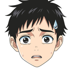 Fototapeta premium Anime boy with a worried expression and sweat drops on his face.