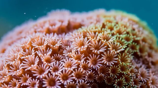 Close-up of a soft coral formation with small flower-like polyps against a blue backdrop
