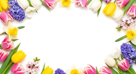 Fototapeta premium A vibrant oval frame composed of colorful spring flowers including tulips, daffodils, and hyacinths on a white background.