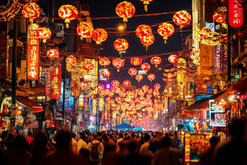 Fototapeta premium Crowded street lined with shops and decorated with numerous hanging red lanterns