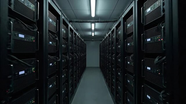 Battery energy storage facility aisle of server racks with cooling lights and cables conveying industrial power and infrastructure for grid scale row