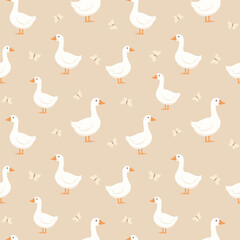 Seamless pattern with  white geese and butterflies on a light background. © warmjuly