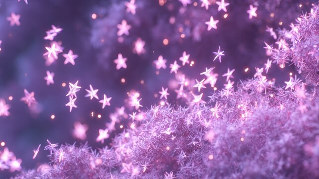 Numerous sparkling star shapes float above a dense field of textured purple elements