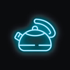Obraz premium Blue neon sign of a boiling kettle on a black background, glowing with steam coming out of the spout
