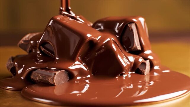 Delicious melted chocolate sauce richly cascading over a tempting stack of dark chocolate pieces, creating an irresistible and indulgent sweet treat for any occasion