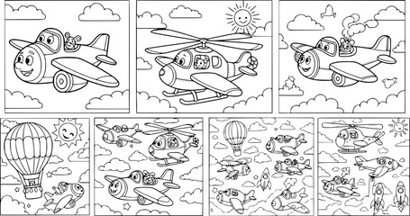 Set of vintage hand drawn vector sketches plane and helicopter with a cloud background © iman