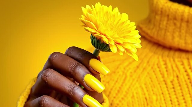 A woman holding a yellow flower in her hand
