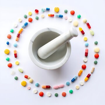 Colorful assorted medical pills and capsules arranged in a circle around a white marble mortar and pestle isolated on a white background