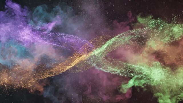 Vibrant colorful smoke and golden sparks explode in a mesmerizing spiral