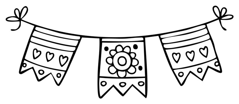 Hand drawn festive bunting flags with hearts and floral patterns simple doodle