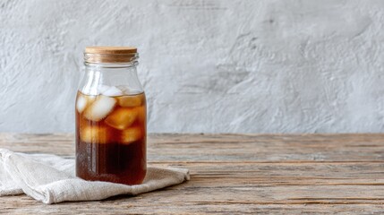 Refreshing Glass Bottle of Iced Tea with Ice Cubes on Rustic Wooden Table