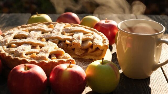 Freshly baked apple pie surrounded by ripe apples and a cup of coffee on a wooden table outdoors