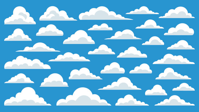 Detailed set of various cloud shapes in a pixel art style ideal for creating nostalgic retro gaming graphics and digital backgrounds.