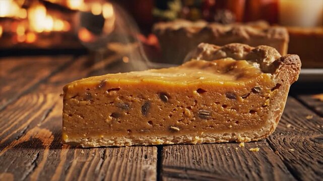 A slice of pumpkin pie on a rustic wooden table with a fireplace in the background