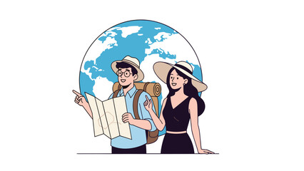 Obraz premium Couple of adventurous travelers consults a paper map while standing in front of a blue globe background for an international trip.