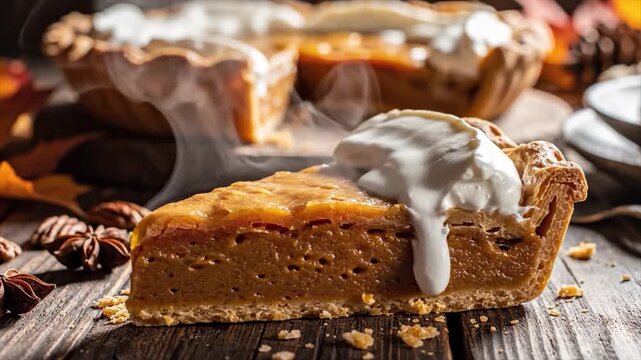 A slice of pumpkin pie with white icing on a wooden table, surrounded by autumnal spices and decorations.