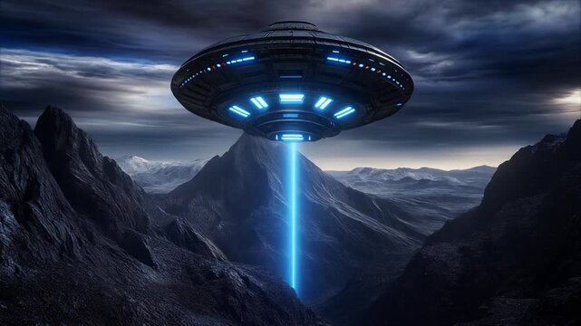 Sleek Ufo with Bright Blue Light Beam Hovering over Dark Mountains