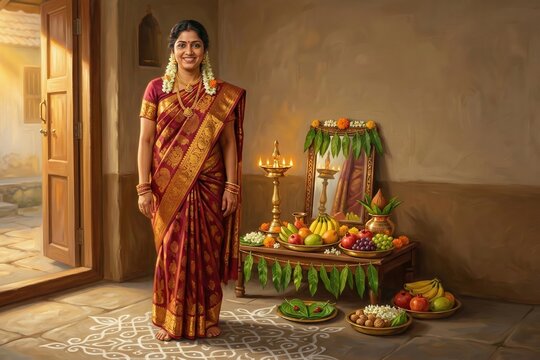 Puthandu Tamil New Year Woman Beside Traditional Kanni Arrangement &ndash; South Indian Festival Oil Painting