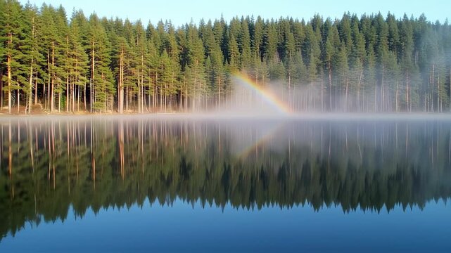 Misty morning on a lake, with a rainbow reflected in the still water, and a dense pine forest bordering the shore